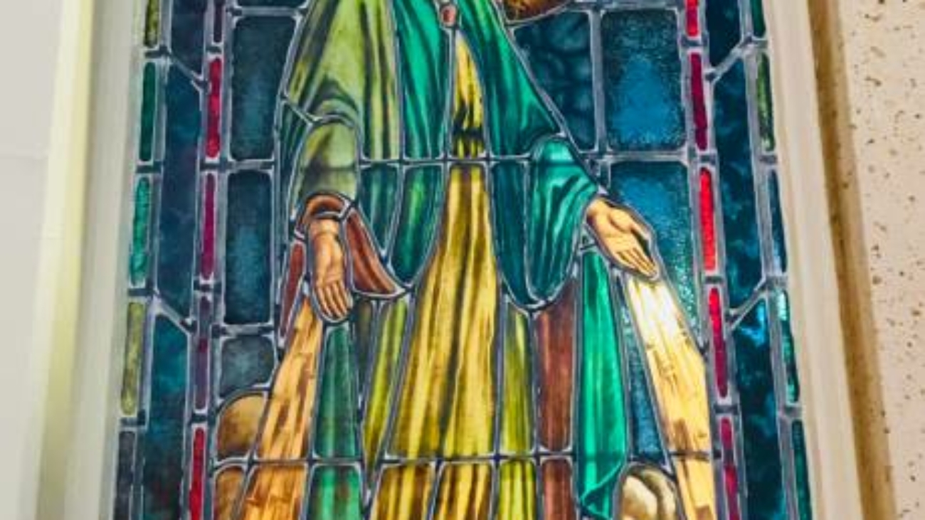 Stained Glass image of Our Lady of The Miraculous Medal