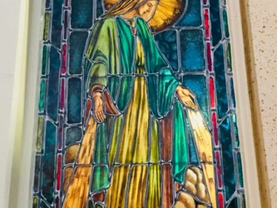 Stained Glass image of Our Lady of The Miraculous Medal